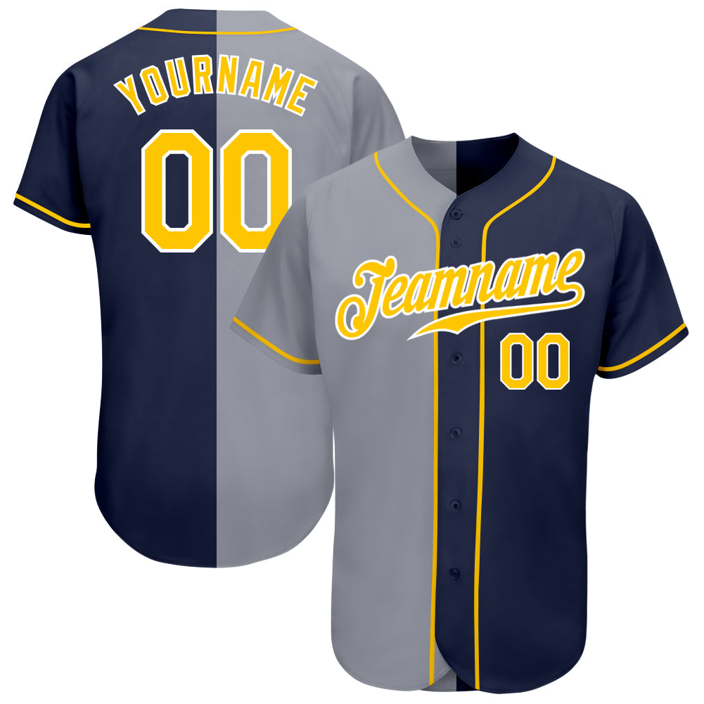 Custom Navy Gold-Gray Authentic Split Fashion Baseball Jersey - Main View