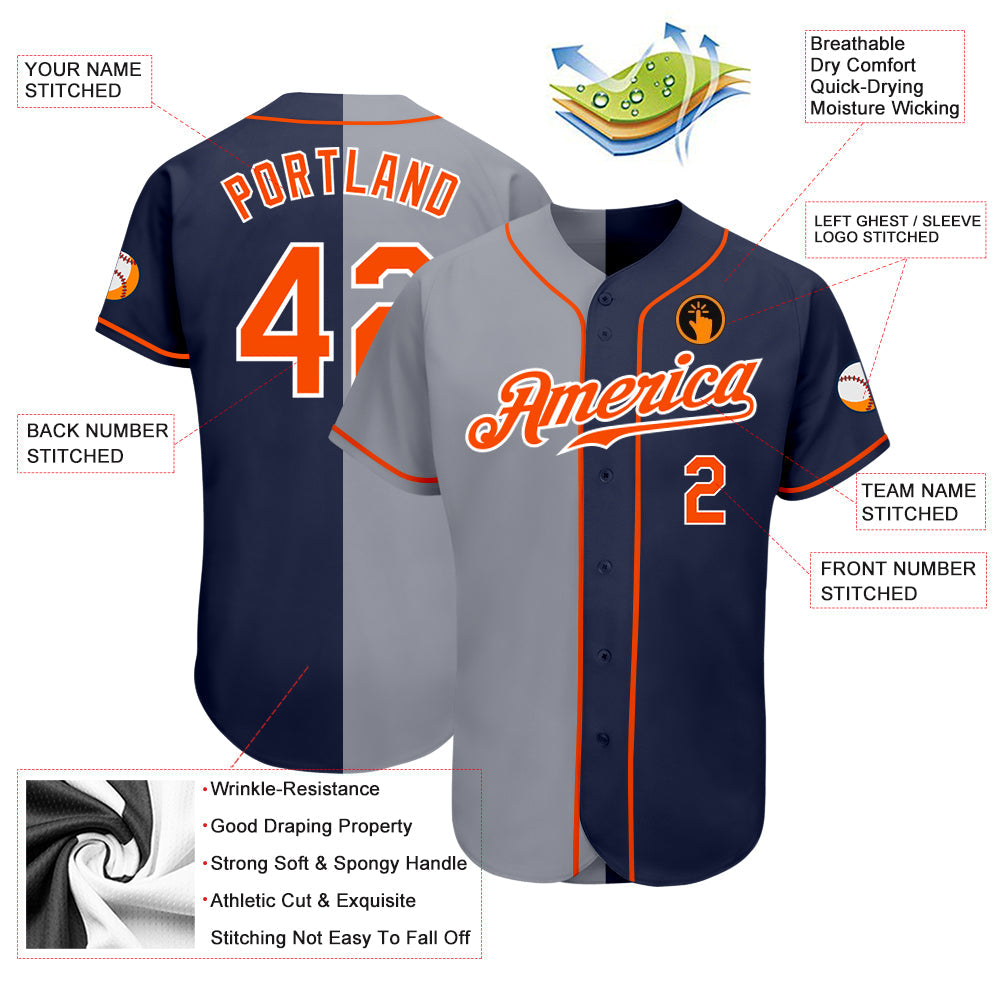 Custom Navy Orange-Gray Authentic Split Fashion Baseball Jersey view 3