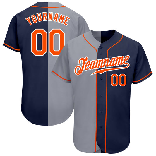 Custom Navy Orange-Gray Authentic Split Fashion Baseball Jersey - Main View
