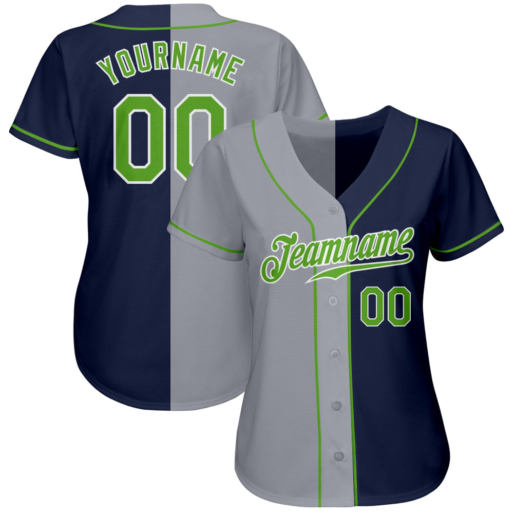 Custom Navy Neon Green-Gray Authentic Split Fashion Baseball Jersey view 2