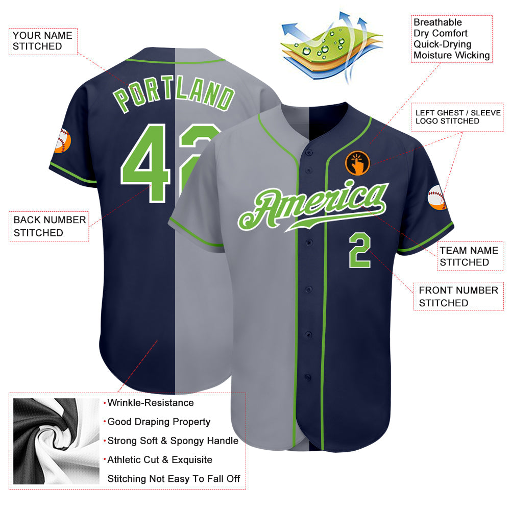 Custom Navy Neon Green-Gray Authentic Split Fashion Baseball Jersey view 3