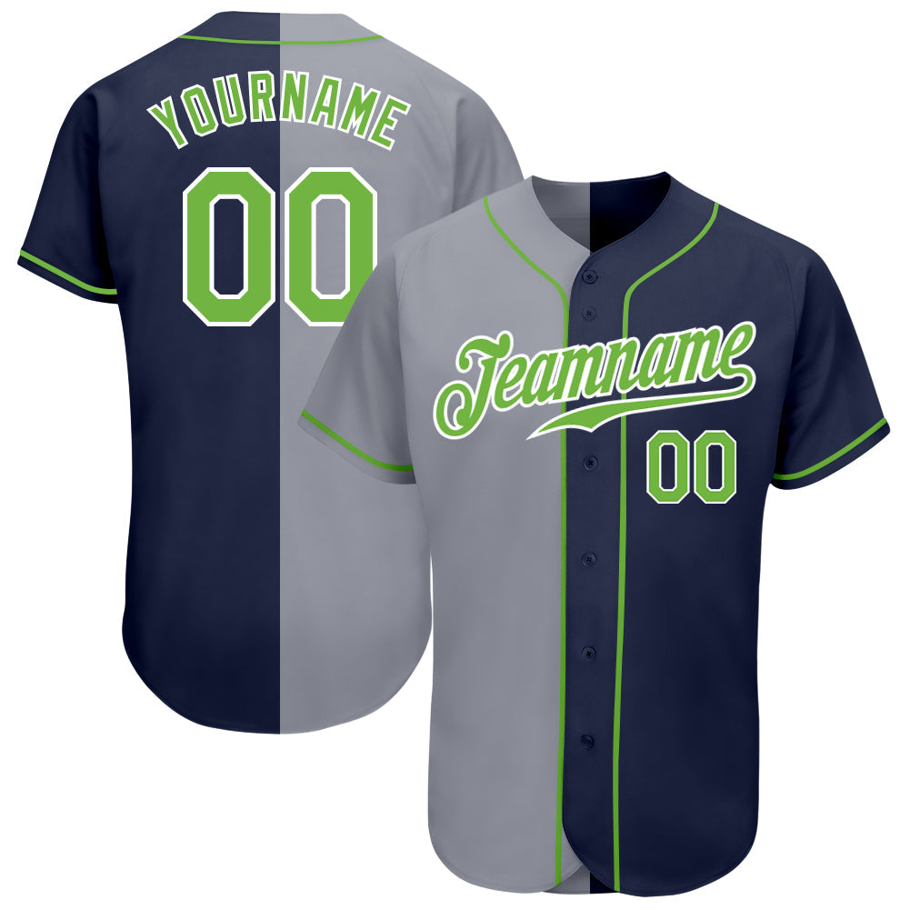 Custom Navy Neon Green-Gray Authentic Split Fashion Baseball Jersey - Main View