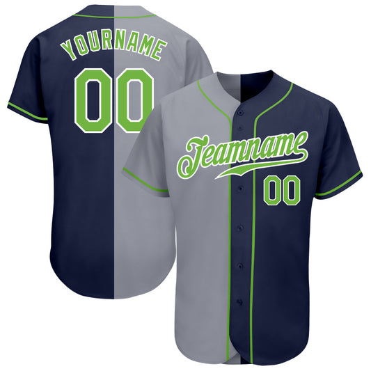 Custom Navy Neon Green-Gray Authentic Split Fashion Baseball Jersey - Main View