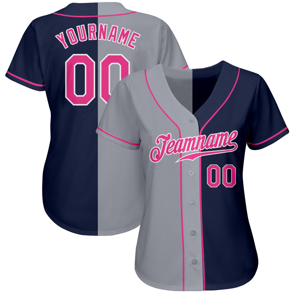 Custom Navy Pink-Gray Authentic Split Fashion Baseball Jersey view 2