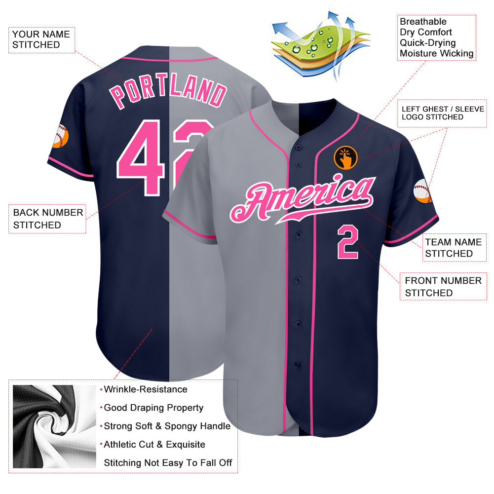 Custom Navy Pink-Gray Authentic Split Fashion Baseball Jersey view 3