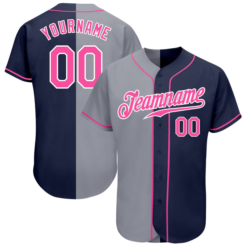 Custom Navy Pink-Gray Authentic Split Fashion Baseball Jersey - Main View