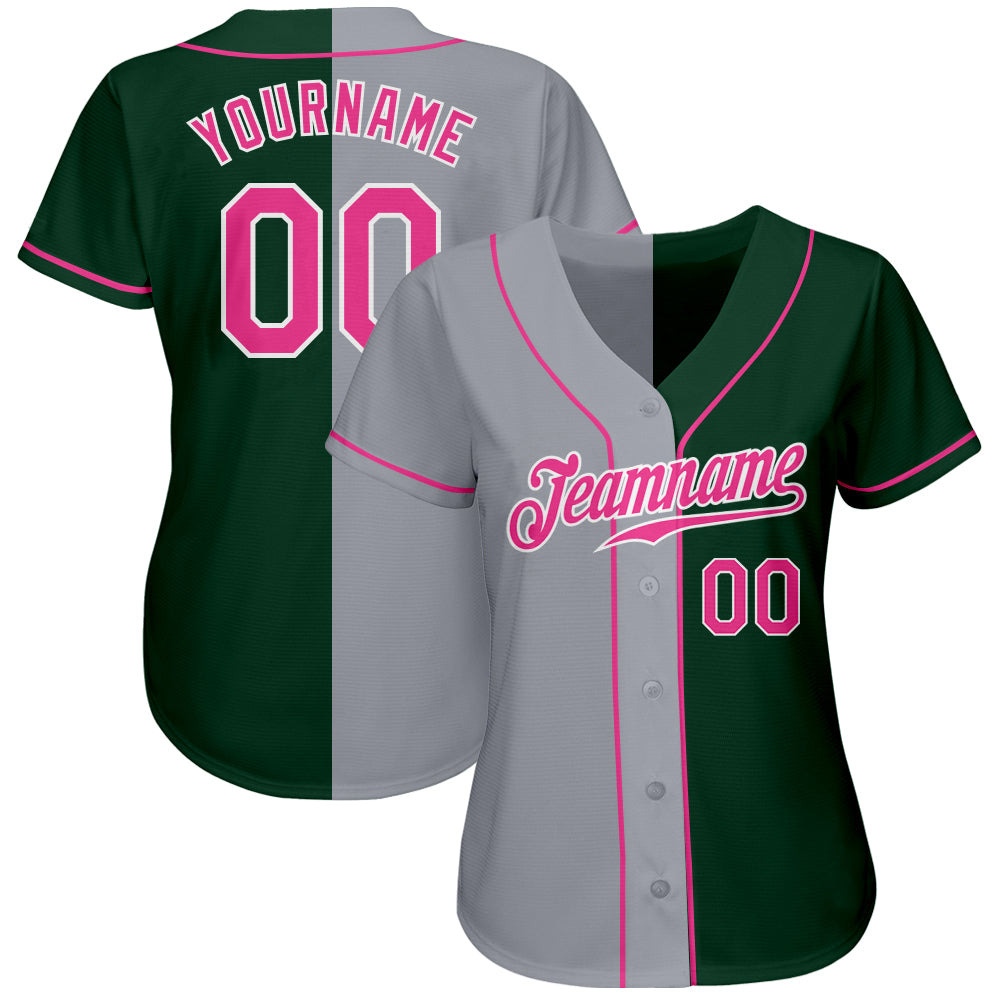 Custom Green Pink-Gray Authentic Split Fashion Baseball Jersey view 2