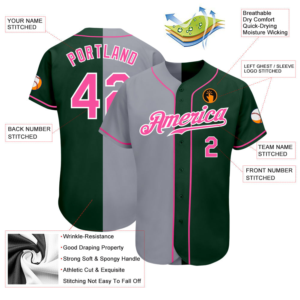 Custom Green Pink-Gray Authentic Split Fashion Baseball Jersey view 3