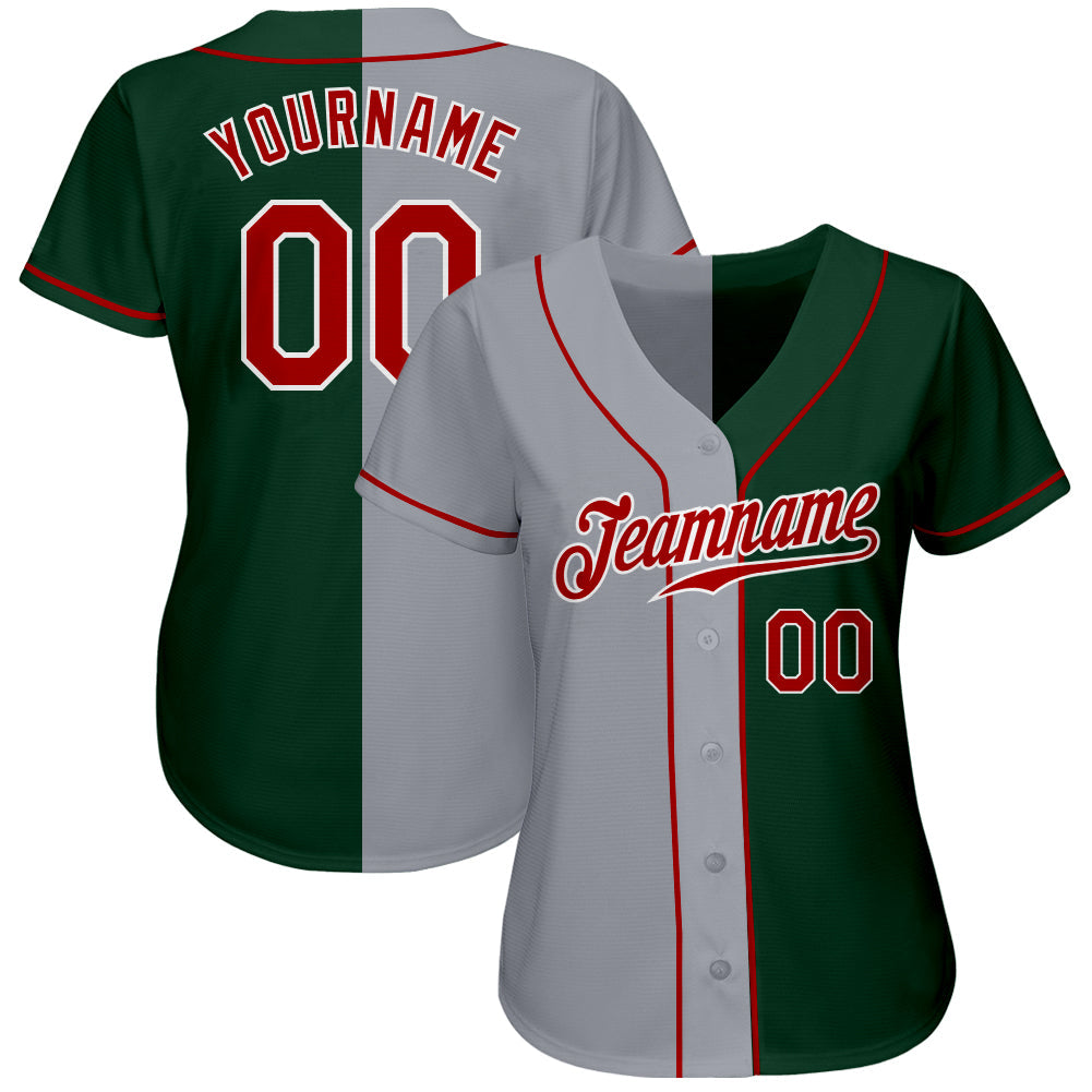 Custom Green Red-Gray Authentic Split Fashion Baseball Jersey view 2