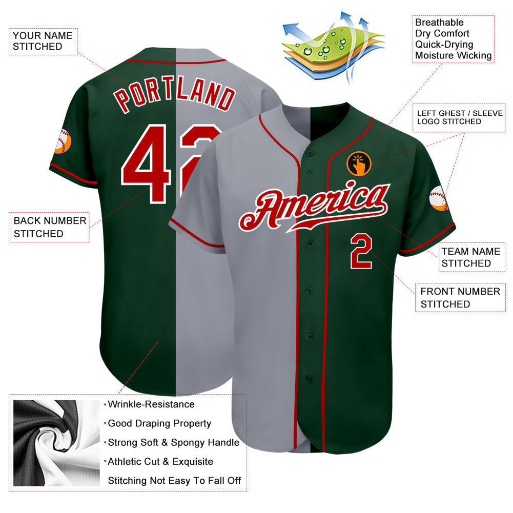 Custom Green Red-Gray Authentic Split Fashion Baseball Jersey view 3