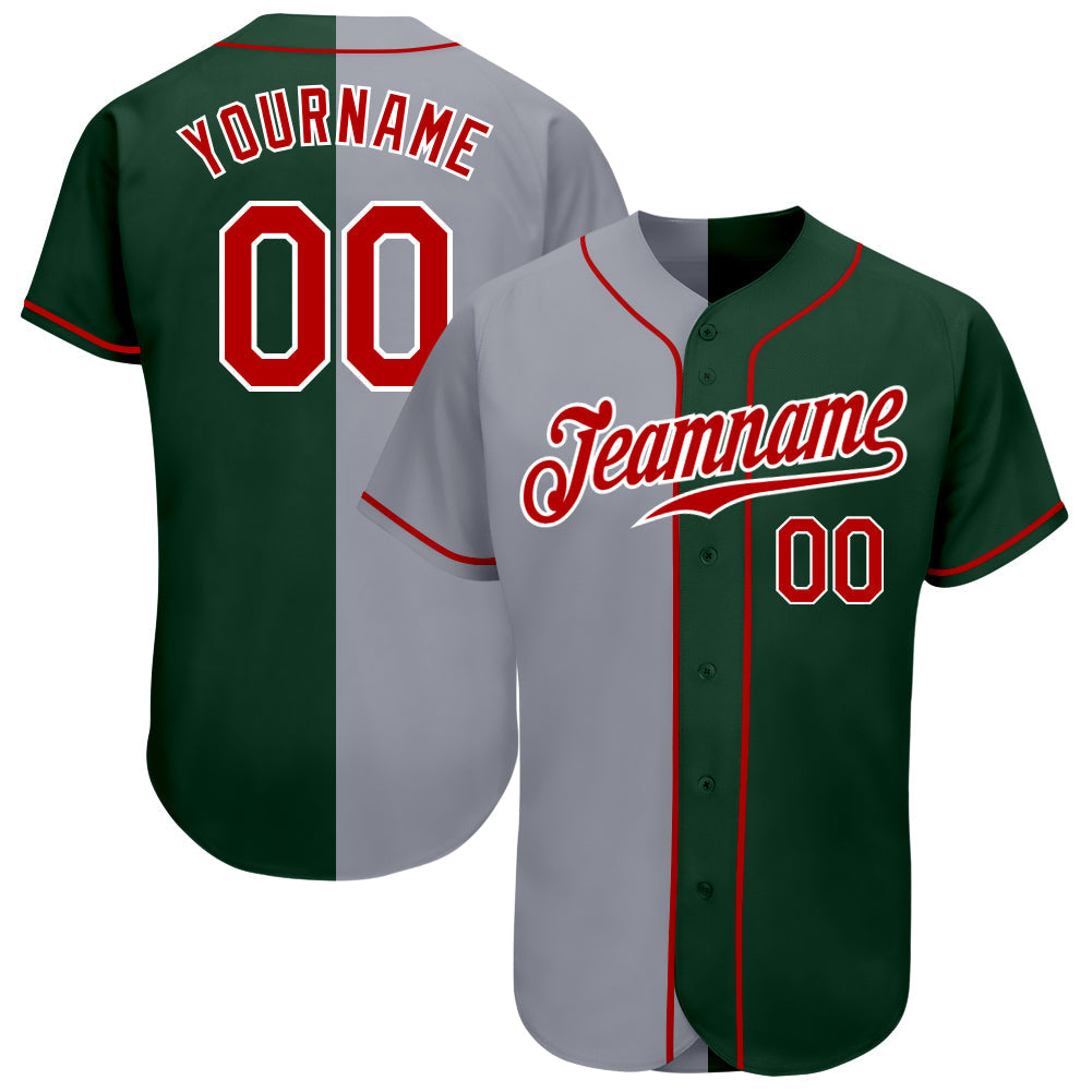 Custom Green Red-Gray Authentic Split Fashion Baseball Jersey - Main View