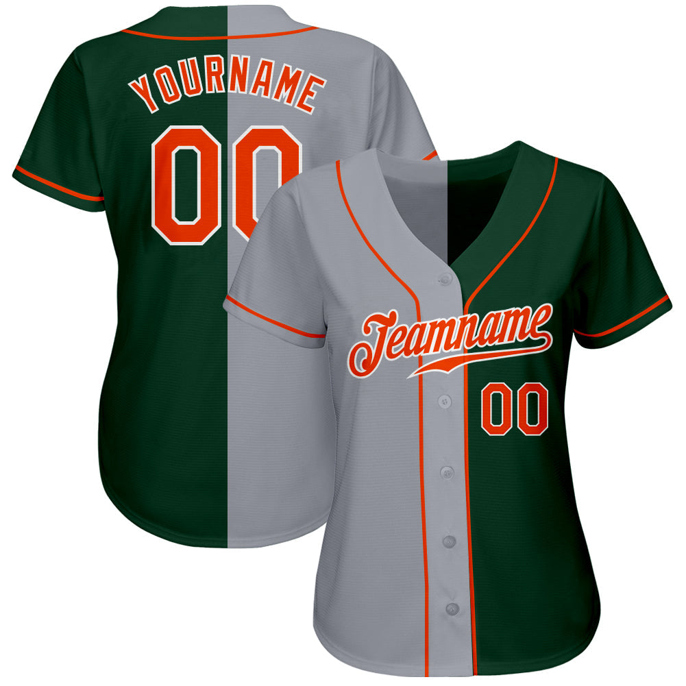 Custom Green Orange-Gray Authentic Split Fashion Baseball Jersey view 2