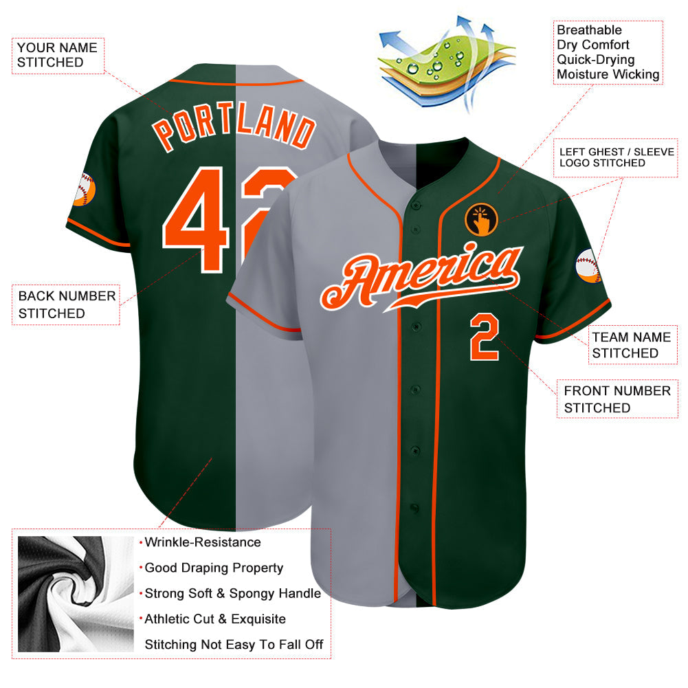 Custom Green Orange-Gray Authentic Split Fashion Baseball Jersey view 3