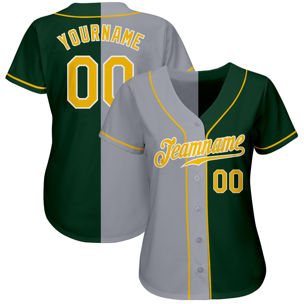 Custom Green Gold-Gray Authentic Split Fashion Baseball Jersey view 2