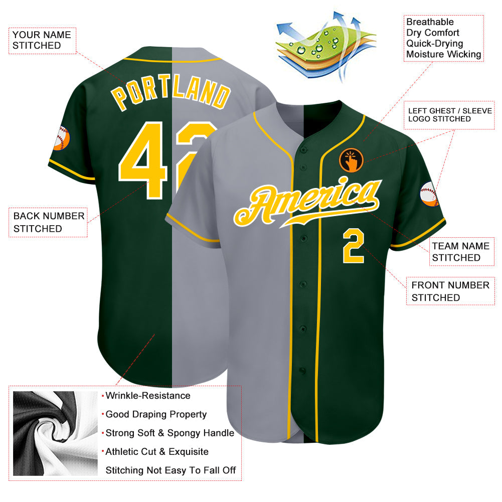Custom Green Gold-Gray Authentic Split Fashion Baseball Jersey view 3