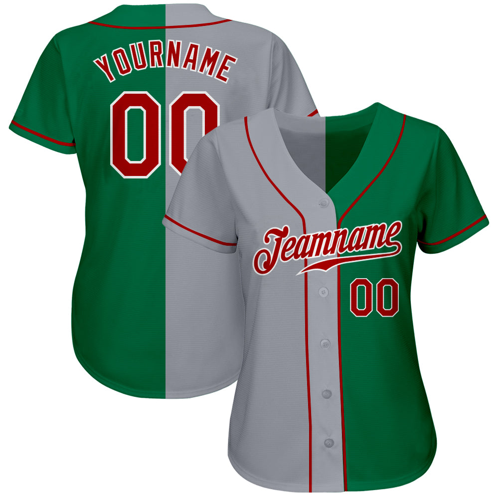 Custom Kelly Green Red-Gray Authentic Split Fashion Baseball Jersey view 2