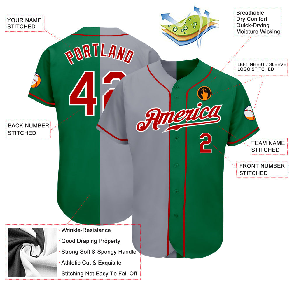 Custom Kelly Green Red-Gray Authentic Split Fashion Baseball Jersey view 3