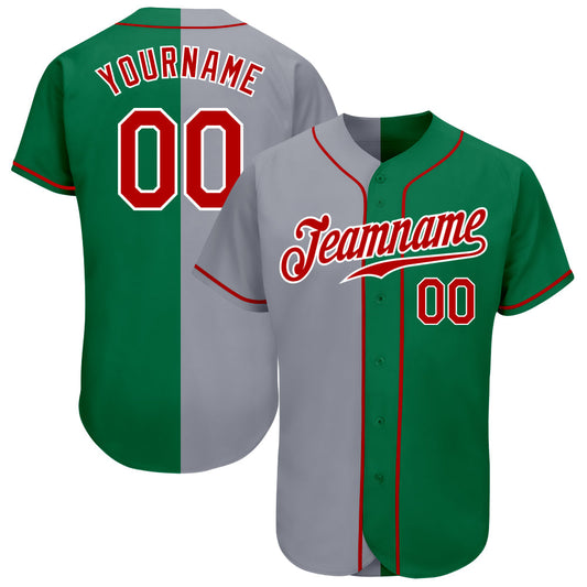 Custom Kelly Green Red-Gray Authentic Split Fashion Baseball Jersey - Main View