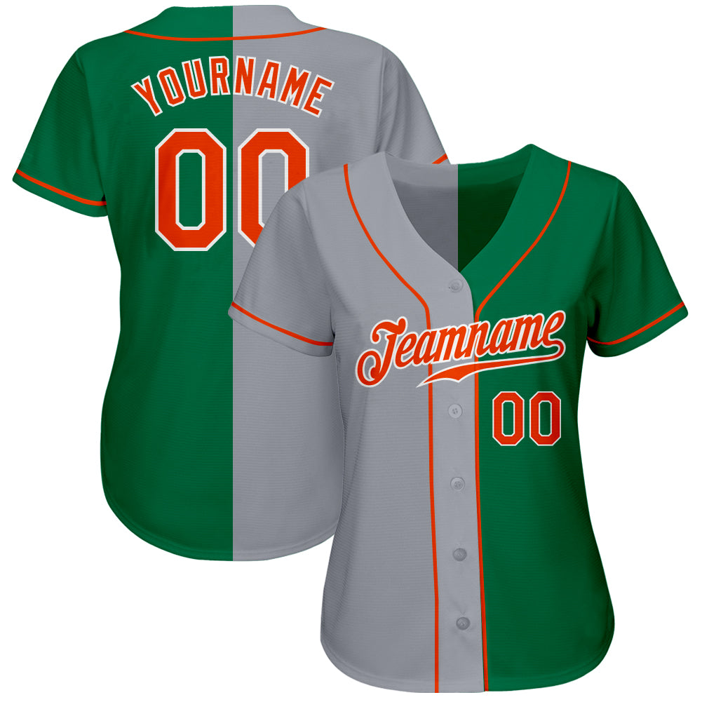Custom Kelly Green Orange-Gray Authentic Split Fashion Baseball Jersey view 2