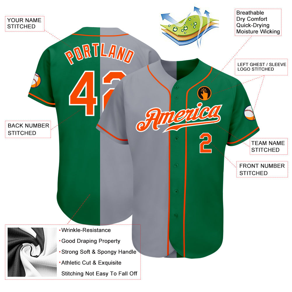 Custom Kelly Green Orange-Gray Authentic Split Fashion Baseball Jersey view 3