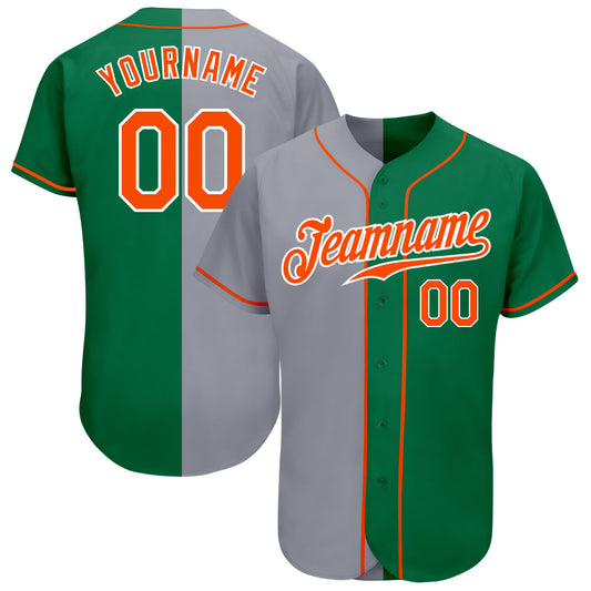 Custom Kelly Green Orange-Gray Authentic Split Fashion Baseball Jersey - Main View