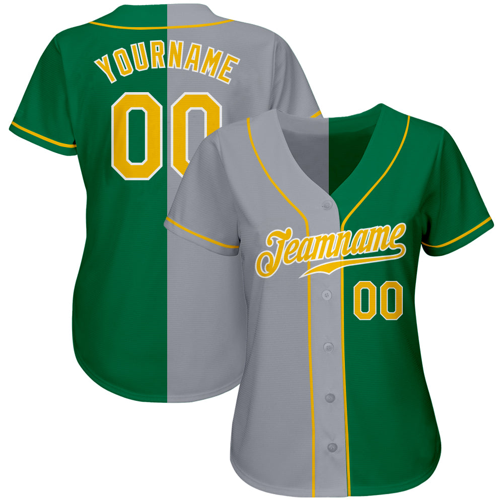 Custom Kelly Green Gold-Gray Authentic Split Fashion Baseball Jersey view 2