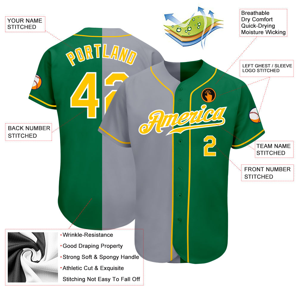 Custom Kelly Green Gold-Gray Authentic Split Fashion Baseball Jersey view 3