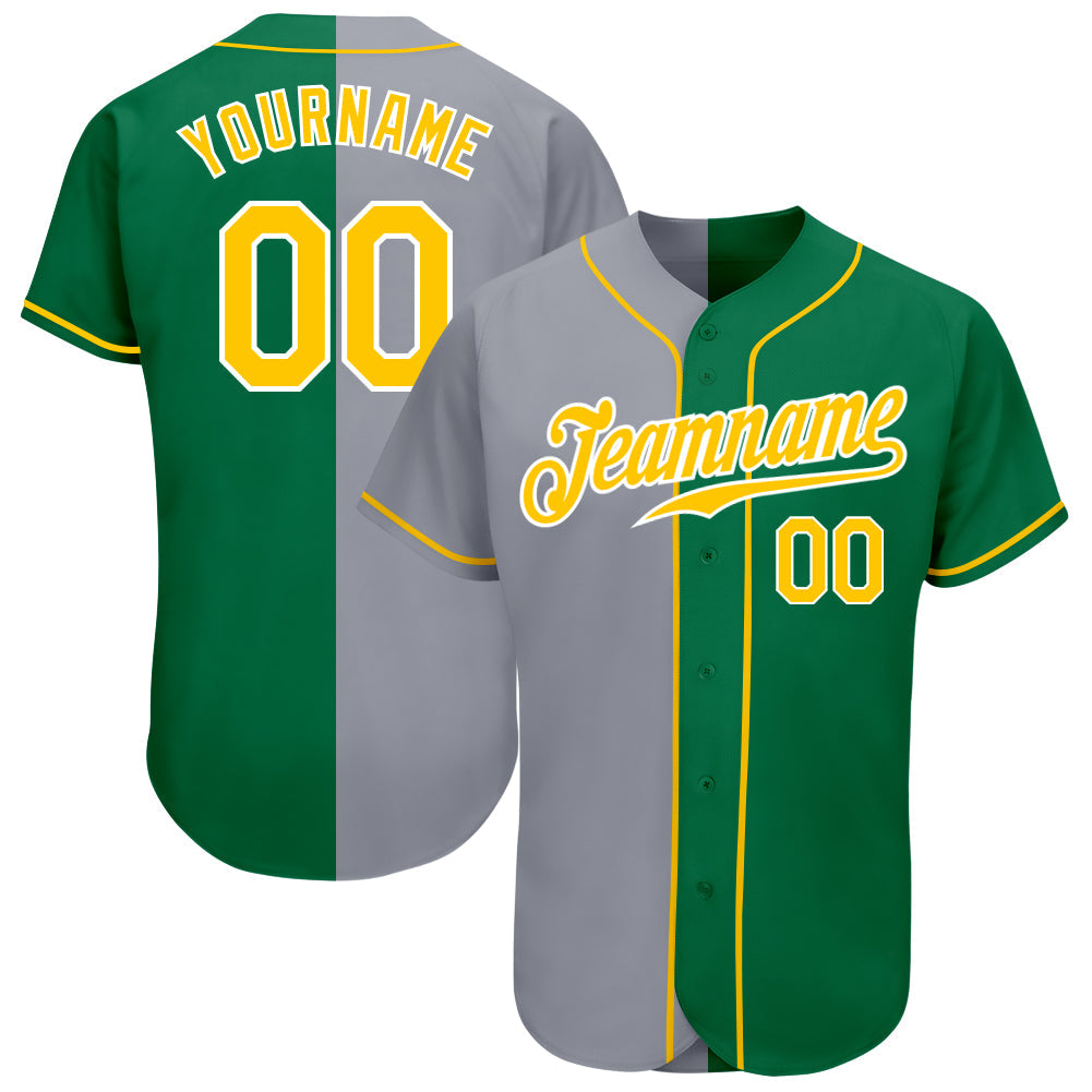 Custom Kelly Green Gold-Gray Authentic Split Fashion Baseball Jersey - Main View