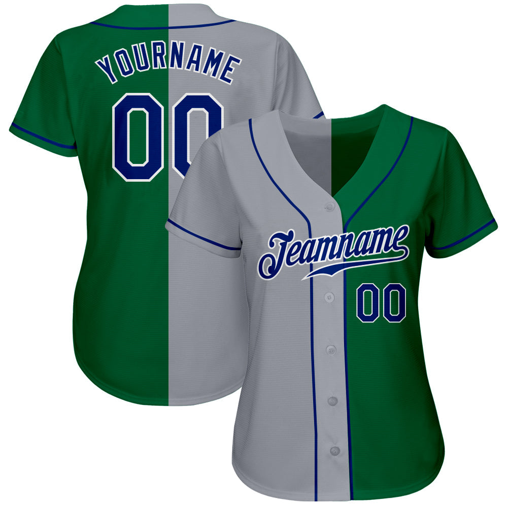 Custom Kelly Green Royal-Gray Authentic Split Fashion Baseball Jersey view 2