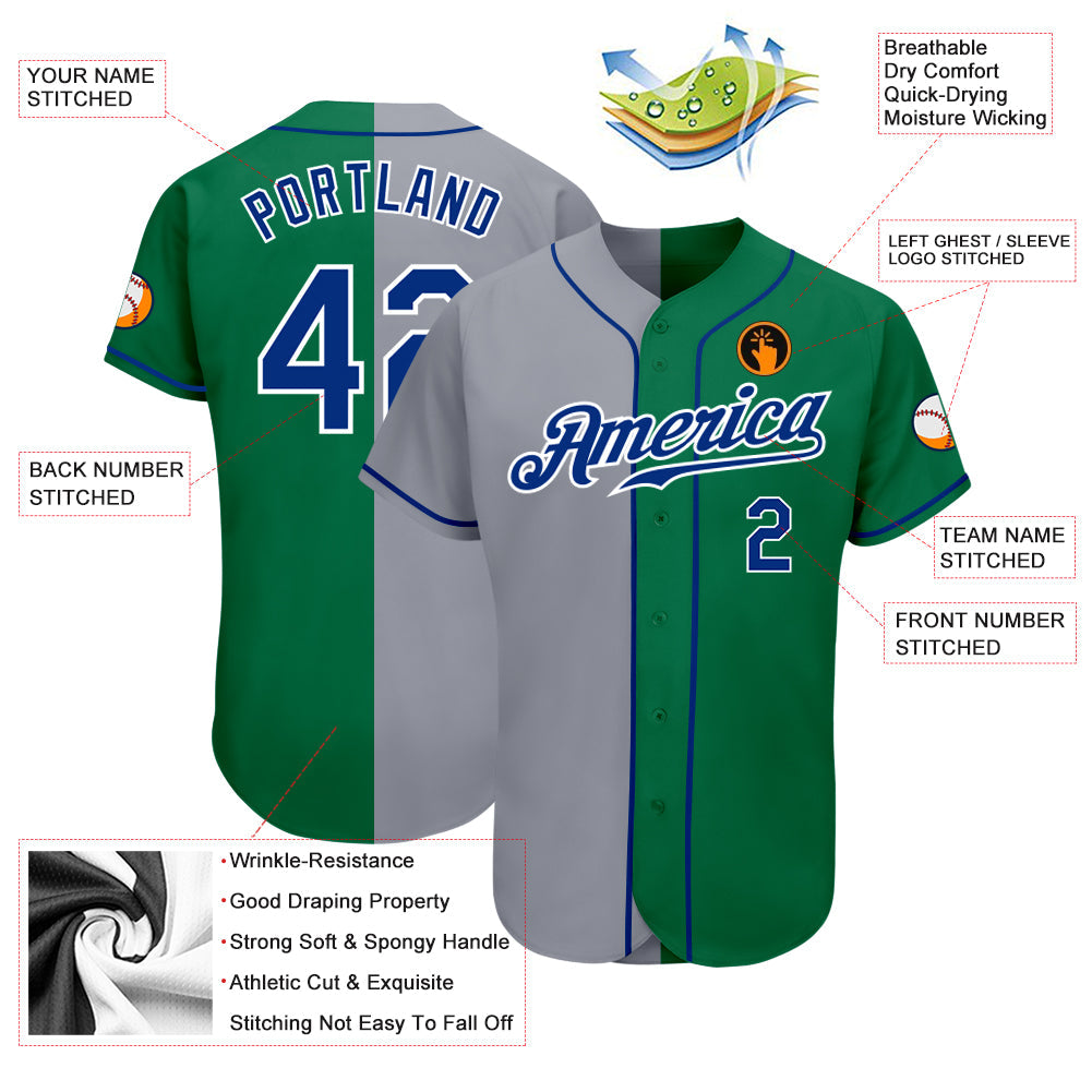 Custom Kelly Green Royal-Gray Authentic Split Fashion Baseball Jersey view 3