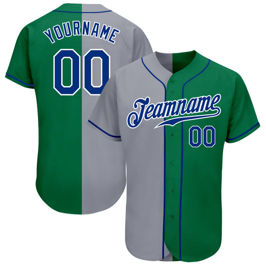 Custom Kelly Green Royal-Gray Authentic Split Fashion Baseball Jersey - Main View