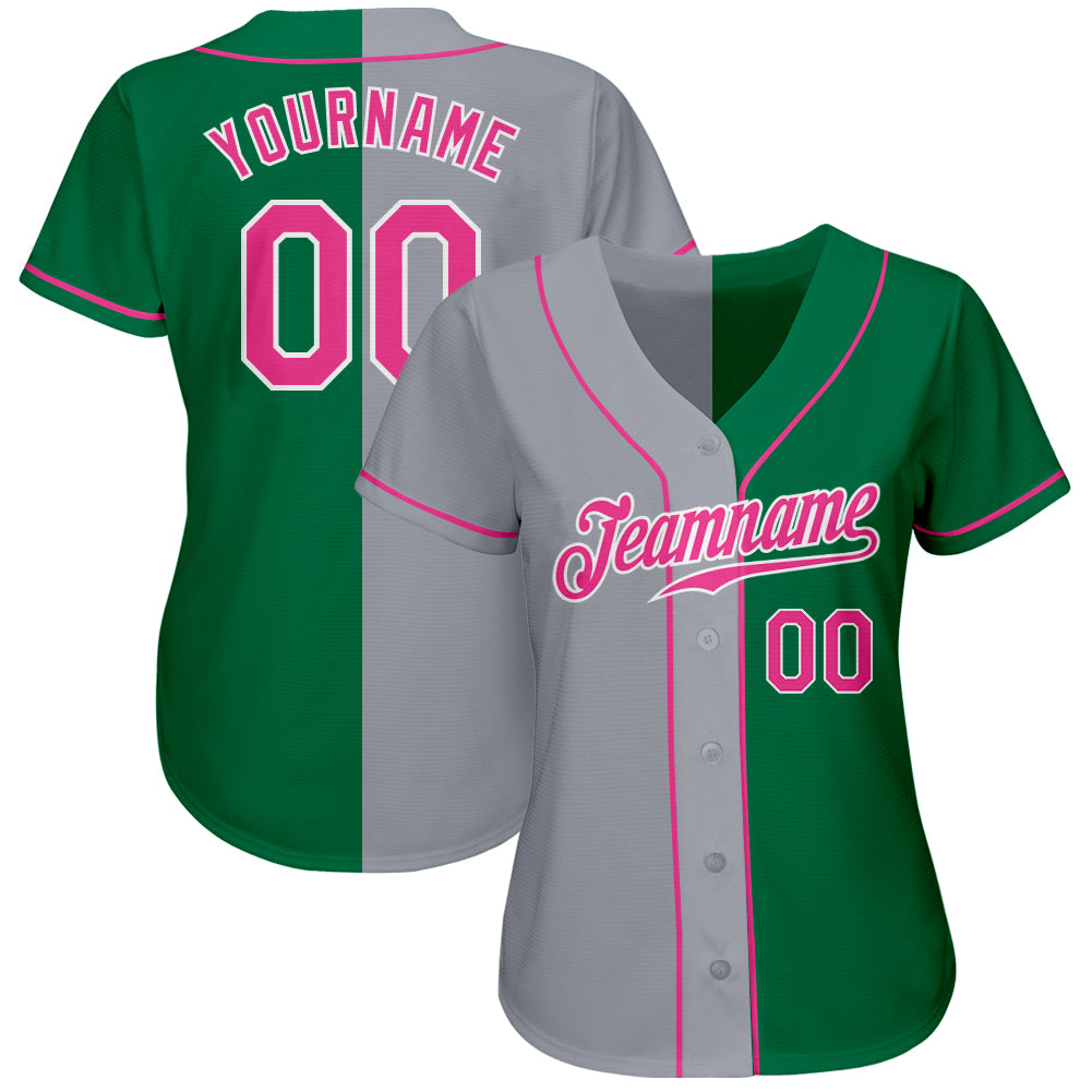 Custom Kelly Green Pink-Gray Authentic Split Fashion Baseball Jersey view 2