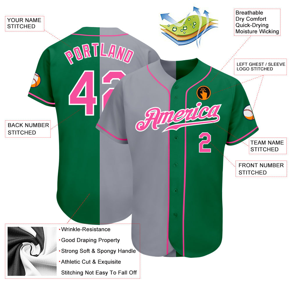 Custom Kelly Green Pink-Gray Authentic Split Fashion Baseball Jersey view 3