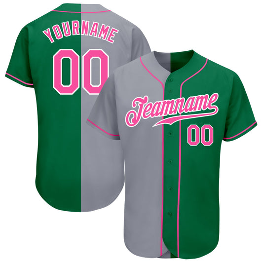 Custom Kelly Green Pink-Gray Authentic Split Fashion Baseball Jersey - Main View