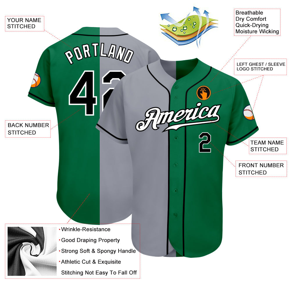 Custom Kelly Green Black-Gray Authentic Split Fashion Baseball Jersey view 3
