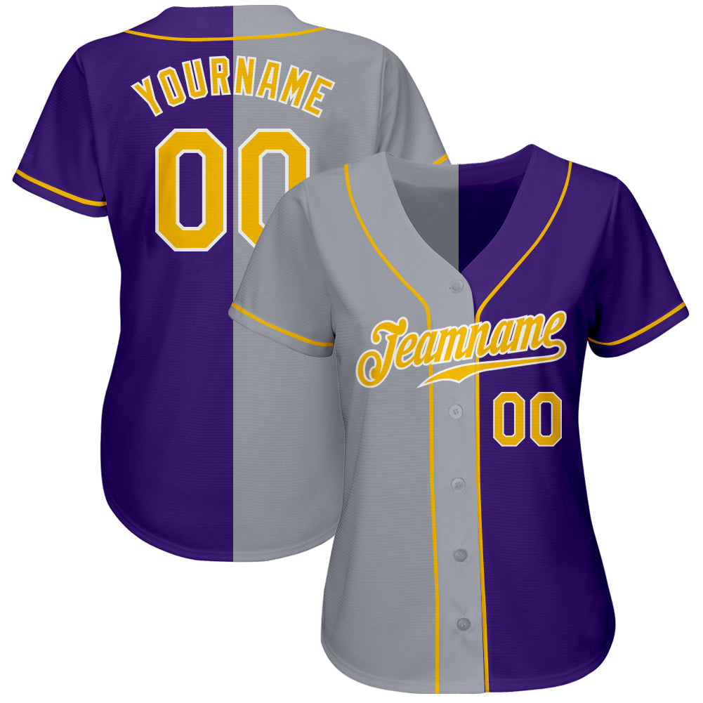 Custom Purple Gold-Gray Authentic Split Fashion Baseball Jersey view 2