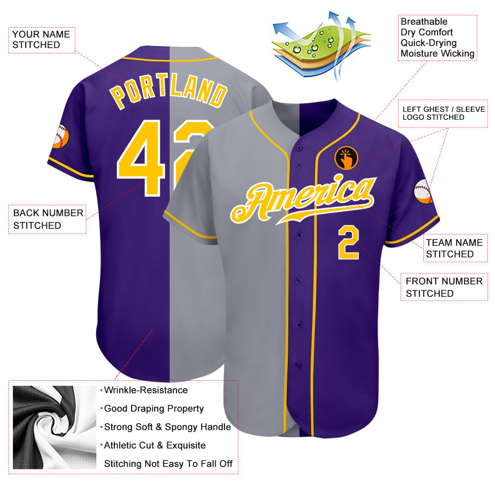 Custom Purple Gold-Gray Authentic Split Fashion Baseball Jersey view 3