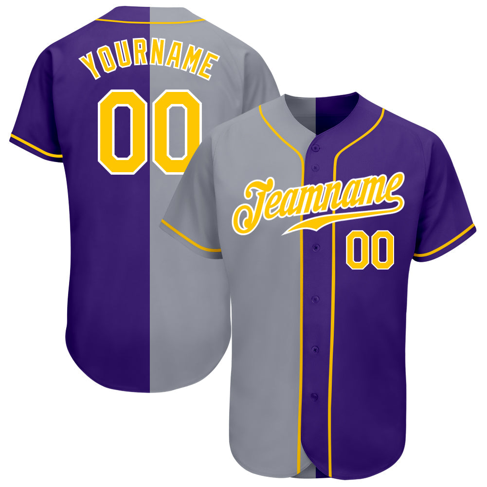 Custom Purple Gold-Gray Authentic Split Fashion Baseball Jersey - Main View
