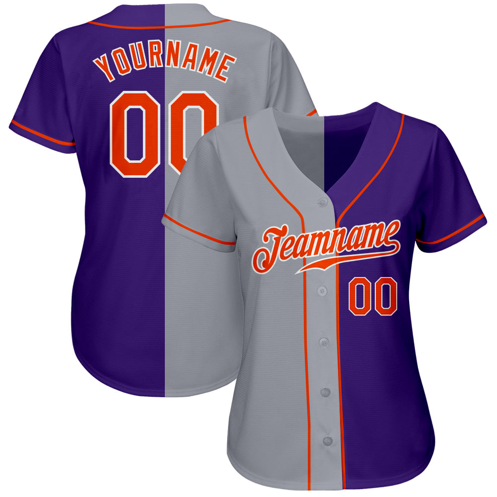Custom Purple Orange-Gray Authentic Split Fashion Baseball Jersey view 2
