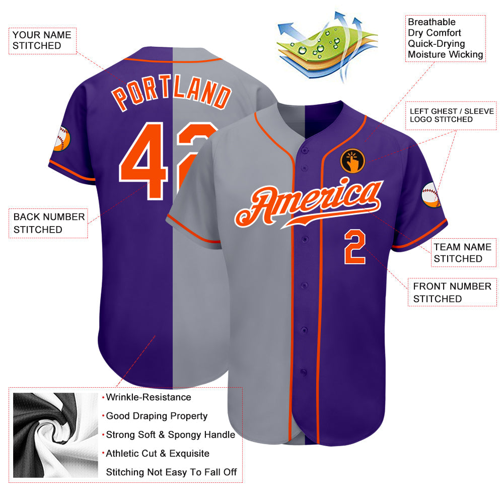 Custom Purple Orange-Gray Authentic Split Fashion Baseball Jersey view 3