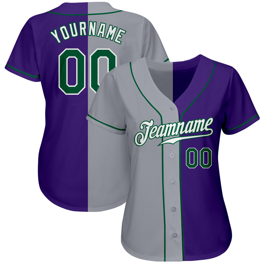Custom Purple Kelly Green-Gray Authentic Split Fashion Baseball Jersey view 2