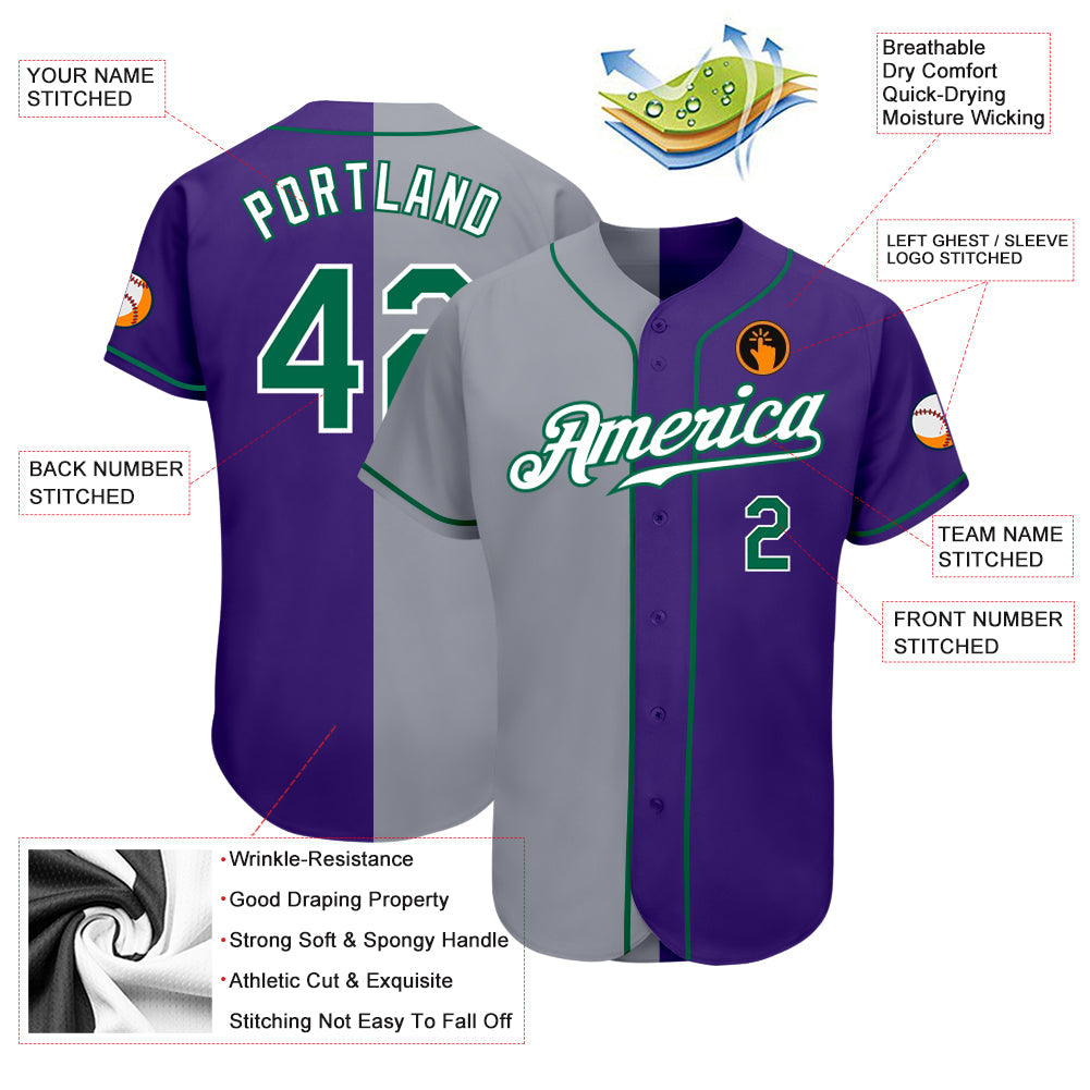 Custom Purple Kelly Green-Gray Authentic Split Fashion Baseball Jersey view 3