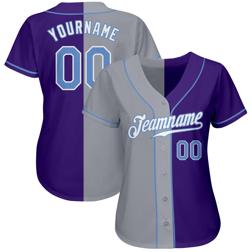 Custom Purple Light Blue-Gray Authentic Split Fashion Baseball Jersey view 2