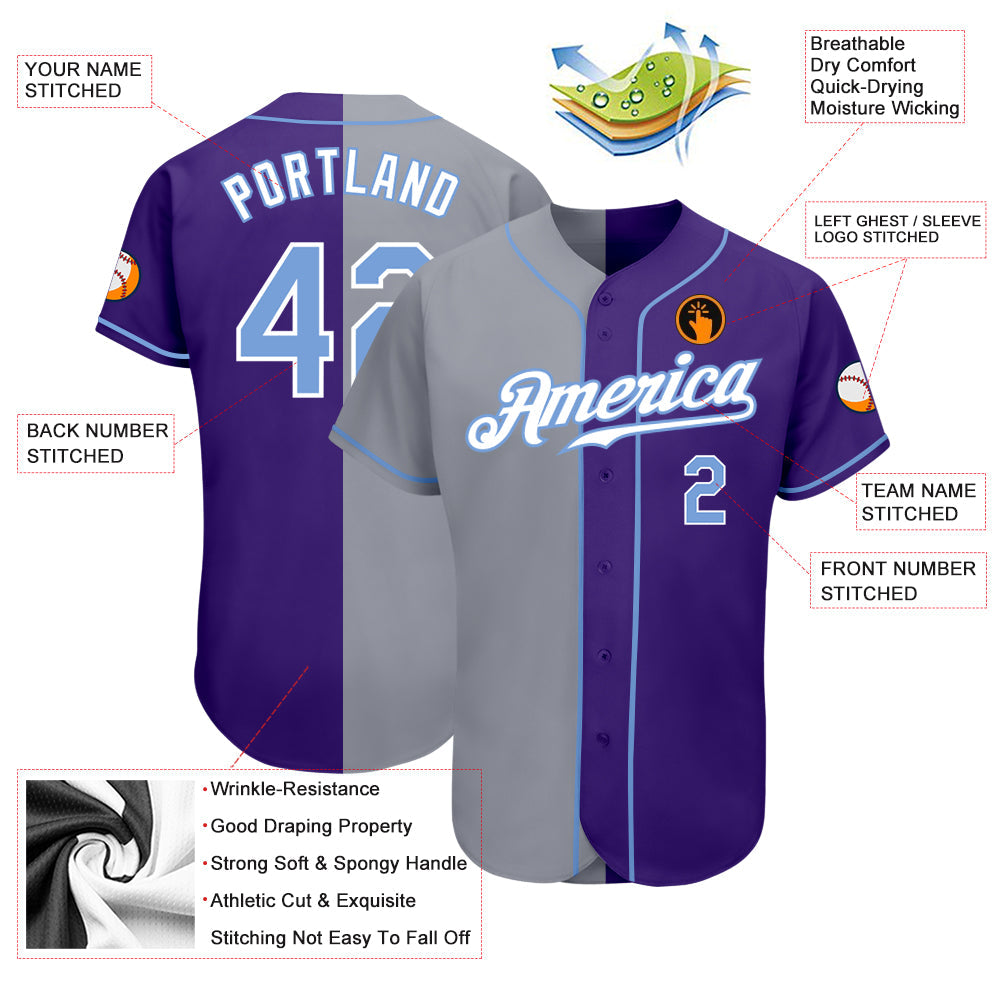 Custom Purple Light Blue-Gray Authentic Split Fashion Baseball Jersey view 3