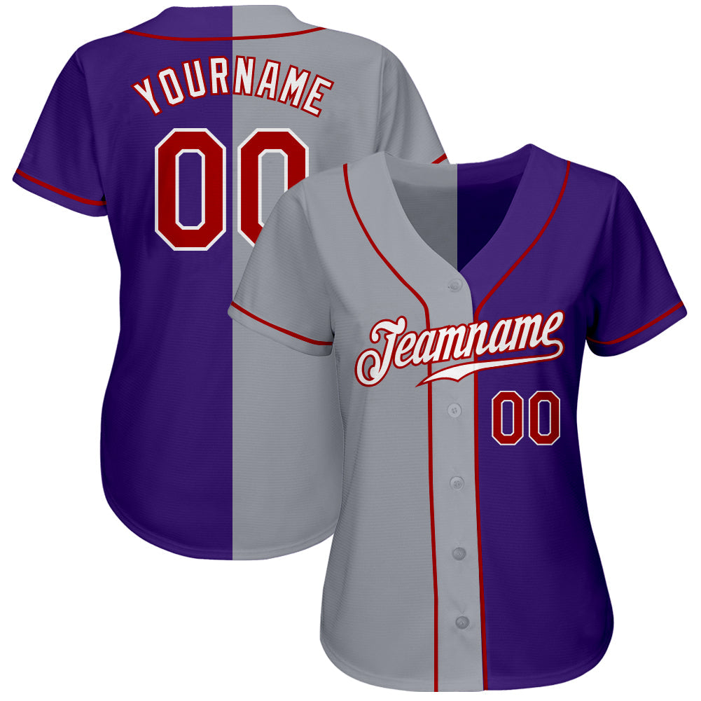 Custom Purple Red-Gray Authentic Split Fashion Baseball Jersey view 2