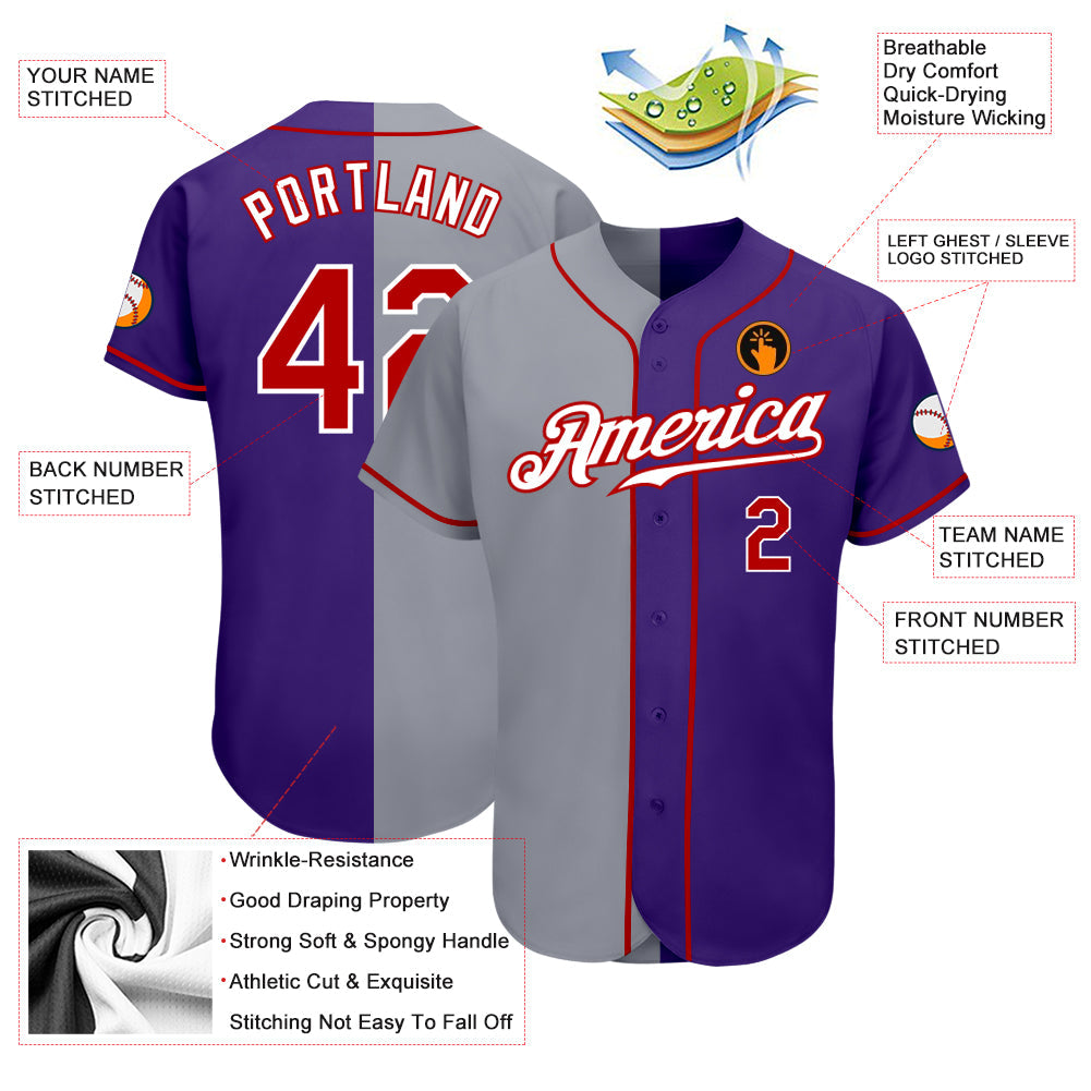 Custom Purple Red-Gray Authentic Split Fashion Baseball Jersey view 3