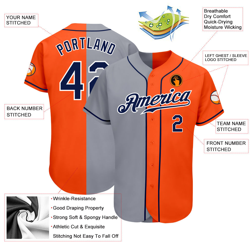 Custom Orange Navy-Gray Authentic Split Fashion Baseball Jersey view 3