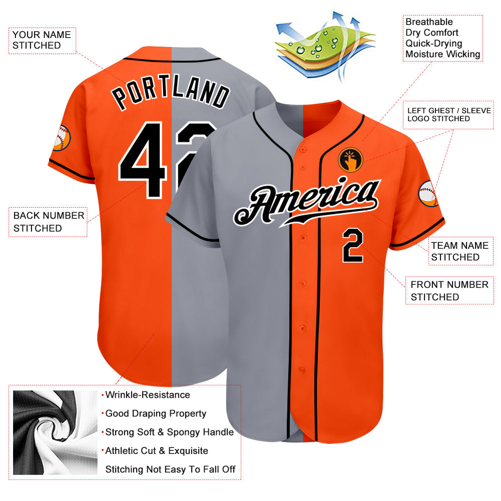 Custom Orange Black-Gray Authentic Split Fashion Baseball Jersey view 3