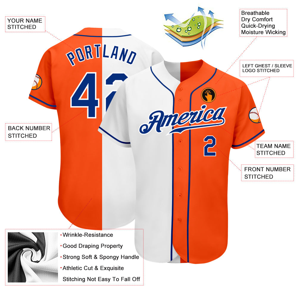 Custom Orange Royal-White Authentic Split Fashion Baseball Jersey view 3