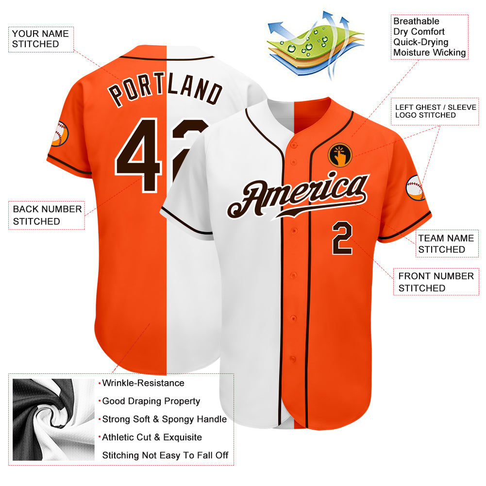 Custom Orange Brown-White Authentic Split Fashion Baseball Jersey view 3